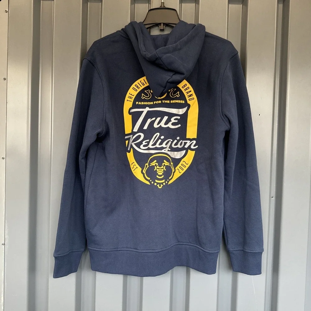 True Religion Jacket Mens M Blue Overlap Buddha Zip Hoodie Sweatshirt NWT‎